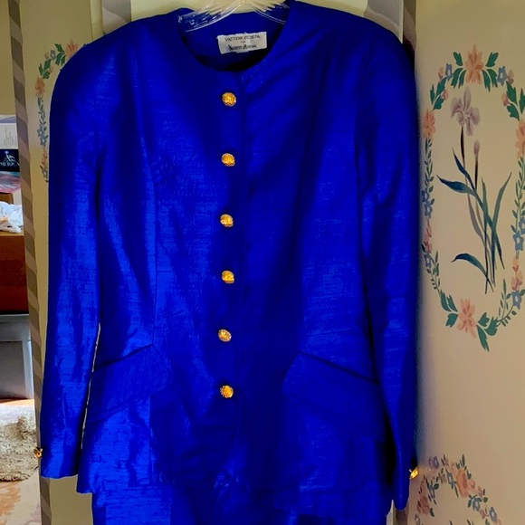 VICTOR COSTA LADIES ROYAL BLUE SILK SUIT JACKET & SKIRT 12 - Picture 1 of 10